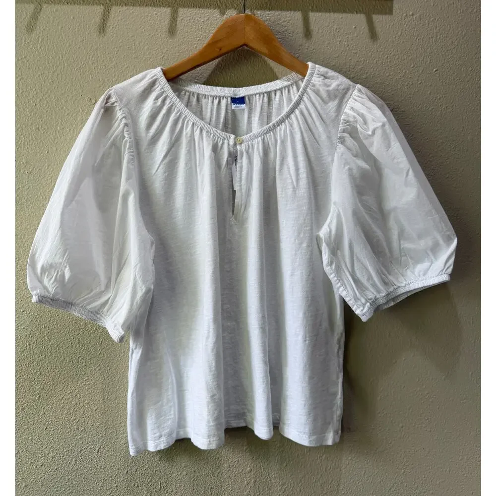 White Peasant Blouse Shirt Puff Sleeves Woven Cotton Tie Front NEW WITH TAGS L
